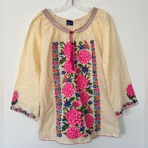 Mexican embroidered top blouse tunic smocked collar cotton sz L